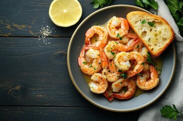 Shrimp dish with lemon and garlic on wood background