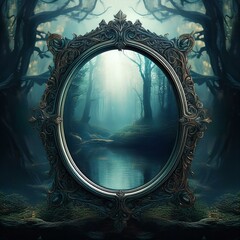 Mystical gothic mirror, dark gloomy background with fantasy mirror, reflection of darkness, dark forest. AI