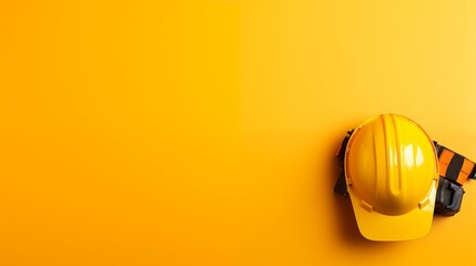 Top view of safety gear on a matching yellow background, including a hard hat, safety glasses, and a helmet emphasizing safety and industrial themes. Personal protective equipment (PPE)