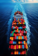 Fototapeta premium Aerial view of a colorful cargo ship navigating through the ocean, showcasing vibrant shipping containers in bright hues.