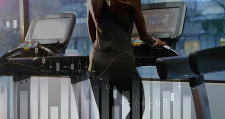 Financial data charts animation over person using treadmill in gym - Powered by Adobe