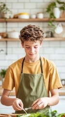 Obraz premium A teenage boy cooking a healthy meal in a cozy kitchen, focusing on the importance of nutrition for both physical and mental health