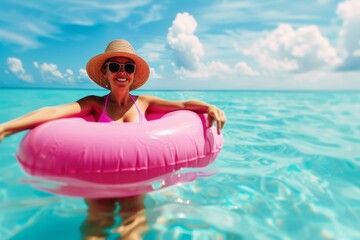 A woman is holding a pink inflatable ring in the ocean. She is smiling and she is enjoying herself