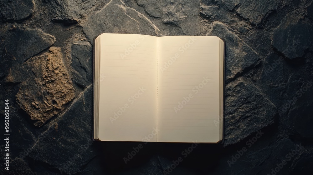 Poster open notebook lying flat with blank pages, set against a dark backdrop, ready for creative design or