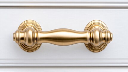 A gleaming golden brass cabinet handle shines on a pristine white kitchen drawer, providing an elegant touch to contemporary home decor and inviting design inspiration