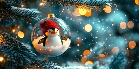 Obraz premium Festive Christmas tree ornament featuring a cheerful penguin red hat inside a glass bauble with a snowy pine tree backdrop, glowing warmly against a blurred, illuminated background.