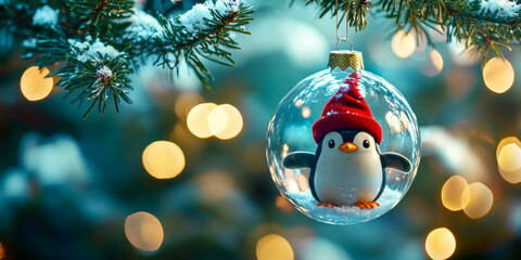 Festive Christmas tree ornament featuring a cheerful penguin red hat inside a glass bauble with a snowy pine tree backdrop, glowing warmly against a blurred, illuminated background.