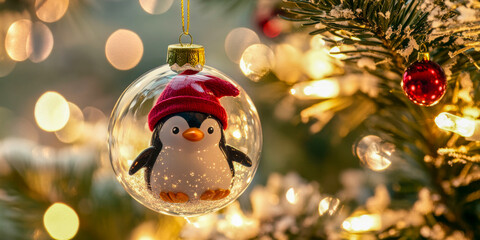 Festive Christmas tree ornament featuring a cheerful penguin red hat inside a glass bauble with a snowy pine tree backdrop, glowing warmly against a blurred, illuminated background.