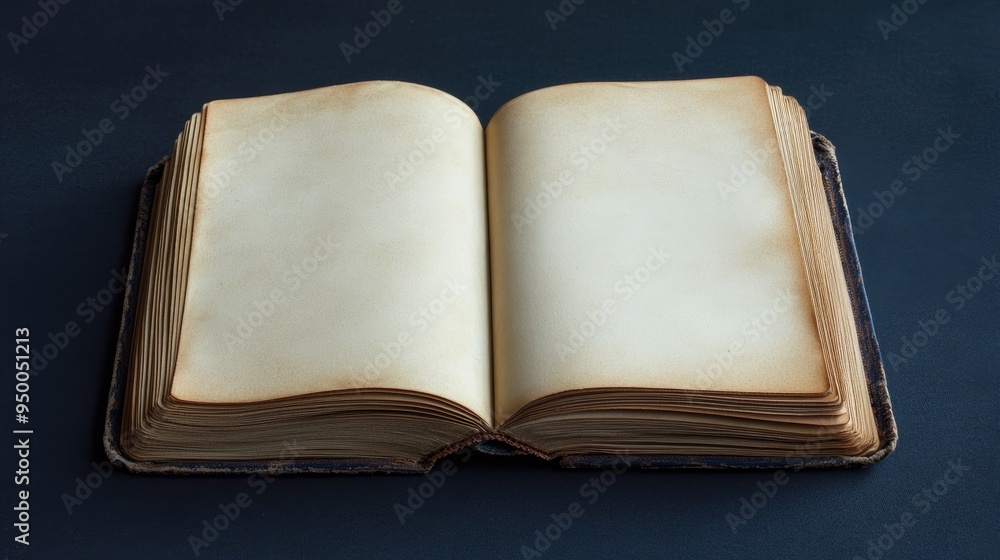 Poster open notebook lying flat with blank pages, set against a dark backdrop, ready for creative design or