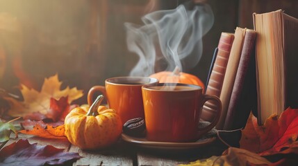 Two mugs of hot coffee, a pumpkin, and books on a table covered in autumn leaves.