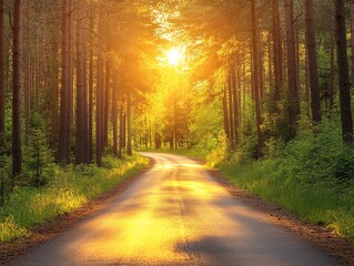 Fototapeta premium A road through a pine forest with sunlight streaming through, peaceful and serene, isolated on white background