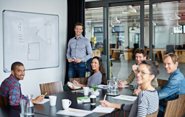 Business people, whiteboard and smile for presentation, portrait and project management in office....