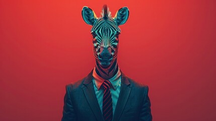 Obraz premium Zebra-headed Businessman: A Contemporary Collage of Humorous Clip Art with Negative Space