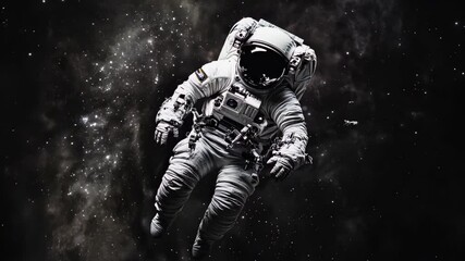 Full portrait of astronaut during spacewalk, black deep space background. He is floating