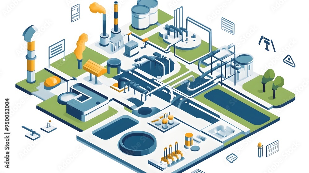 Poster simplified flat diagram or schematic of a comprehensive water distribution network system on an isol