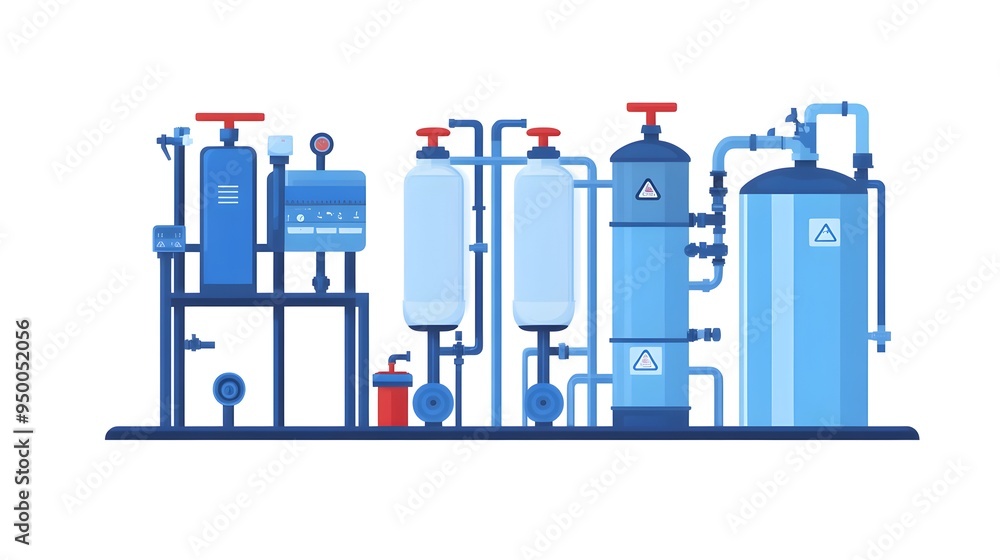 Poster isolated flat image of a modern efficient water purification system with pipes filters and other equ