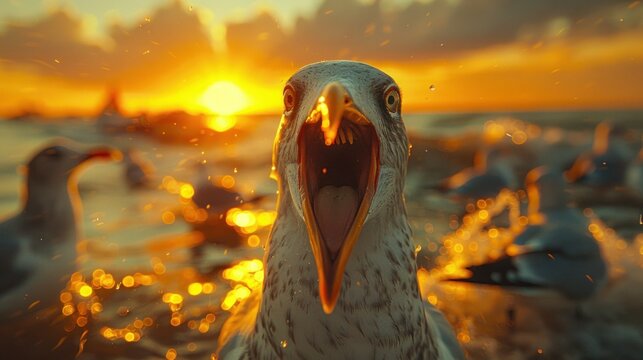 Comical Seagull Expressing Anger with Wide Opened Beak
