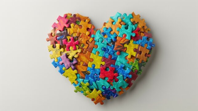 A colorful puzzle in the shape of a heart, symbolizing the diverse abilities and inclusivity of persons with disabilities, isolated on a clean white background.