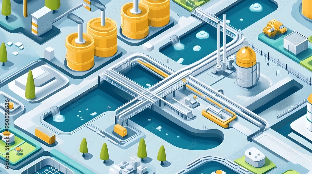 Poster detailed schematic of a complex water distribution network infrastructure showcasing the intricate p