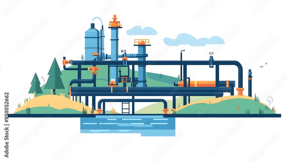 Poster detailed of a complex pipeline network system for water supply and distribution featuring various co