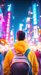 Obraz premium A travel vlogger exploring a vibrant city at night, with neon lights, street performers, and busy pedestrian zones, highlighting the energy and excitement of urban travel