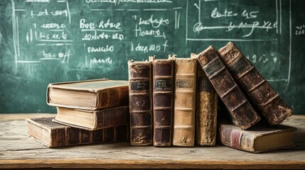 Pile of aged books on a rustic wooden table, with a chalkboard and math formulas in the background, space for copy.