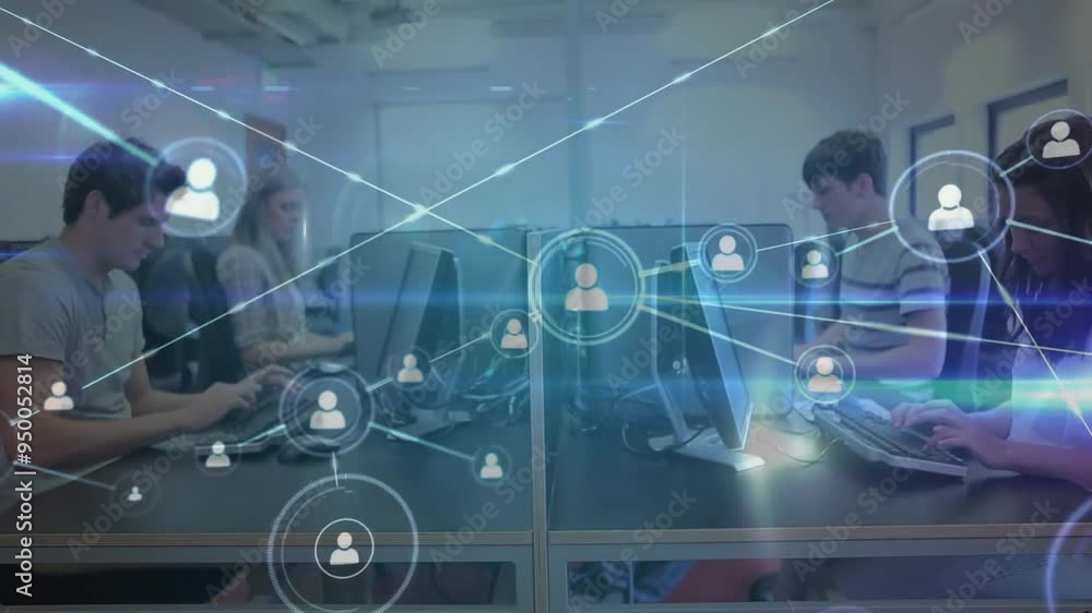 Poster data processing and network connections animation over people working on computers