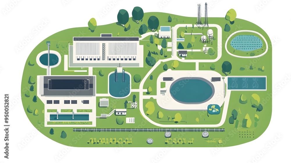 Poster detailed schematic diagram showcasing the layout and components of a comprehensive waterworks infras