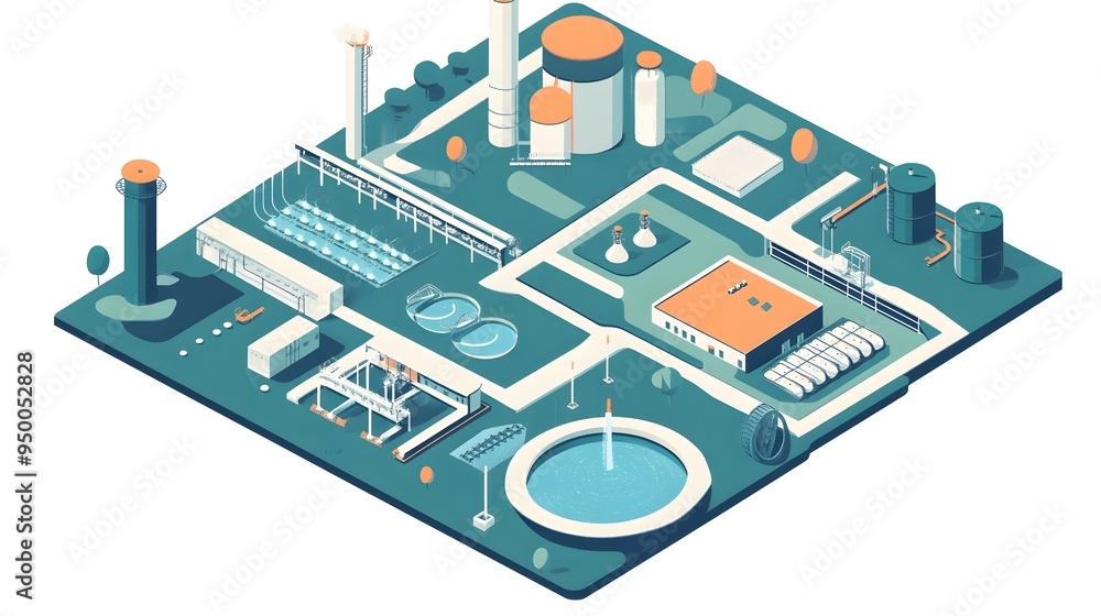 Poster detailed flat layout showcasing the intricate design and components of a comprehensive waterworks in