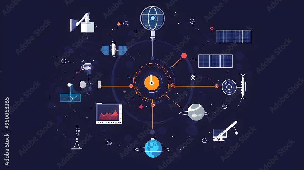 Poster detailed infographic illustrating the signal flow and data transmission processes in satellite commu