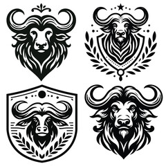 Fototapeta premium Buffalo head emblem vectors, black and white, strong animal symbol, ideal for logos and badges