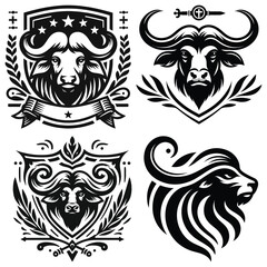 Obraz premium Black and white buffalo head motifs vector illustrations on white background, ideal for branding