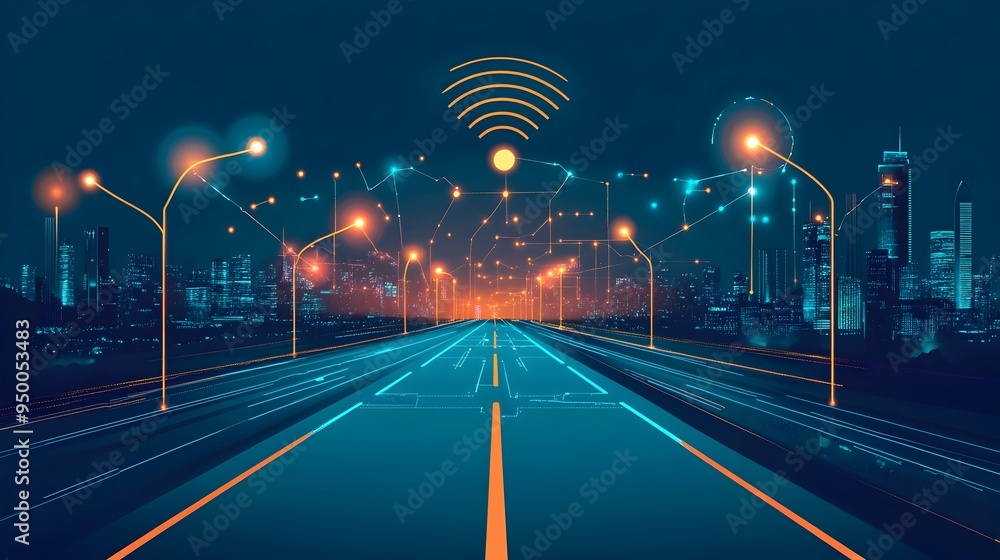 Poster a flat image of an infographic outlining the signal path in a wireless communication network with a 