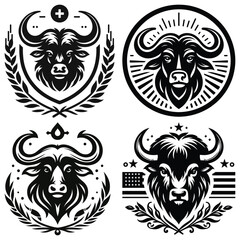 Fototapeta premium Black and white bull emblems vector set, intricate designs, ideal for branding or tattoos