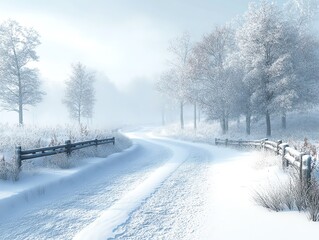 Obraz premium A snowcovered road in a winter landscape, peaceful and serene, detailed 3D rendering, isolated on white background