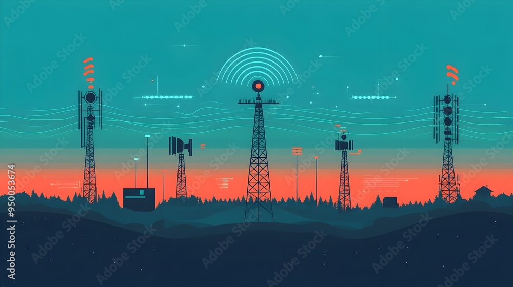 Poster detailed infographic explaining the transmission and propagation of radio waves for telecommunicatio