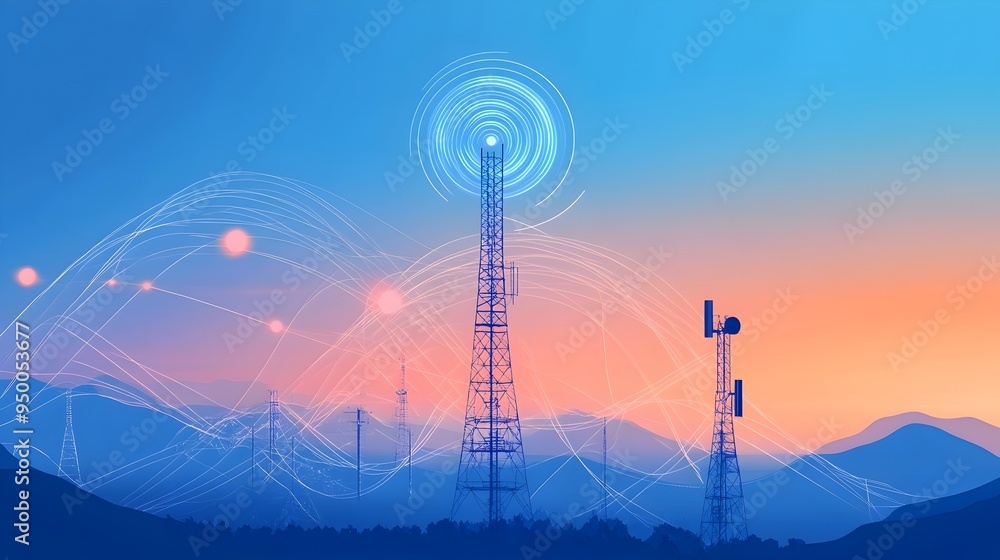 Poster Detailed infographic explaining the transmission and propagation of radio waves for various communication technologies and systems  Visually showcasing the flow of data signals