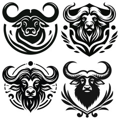 Fototapeta premium Stylized buffalo head emblems vector illustration black and white, perfect for branding and design