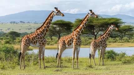 Giraffes grazing near acacia trees, African savannah landscape safari trip, peaceful wilderness