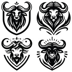 Obraz premium Buffalo head vector illustrations, black and white, ideal for logos and branding, isolated set