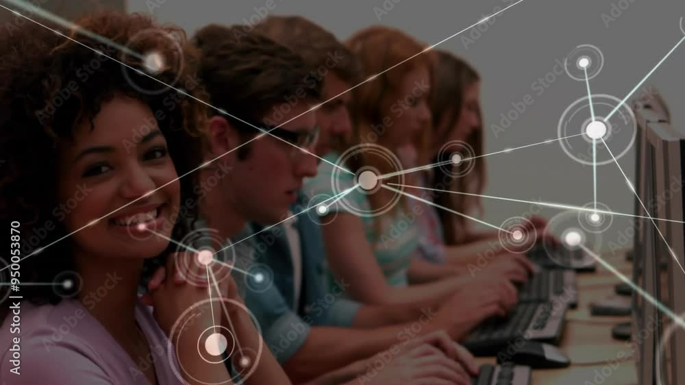Poster data processing and network connections animation over diverse people using computers