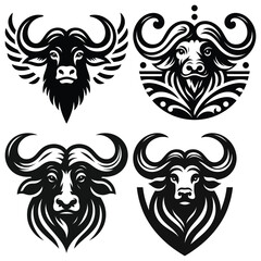 Fototapeta premium Stylized buffalo head icons, black and white, vector illustration, symbols for branding and decor