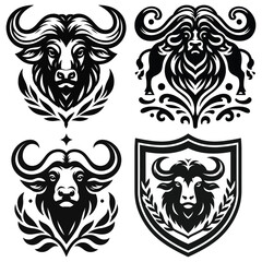 Obraz premium Buffalo head emblem set vector illustration black and white isolated on white background