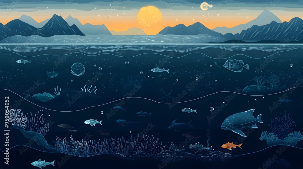 Poster a flat image of an infographic that visually summarizes the different zones of ocean depth from the 