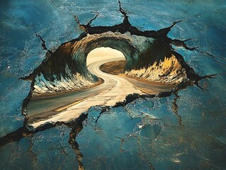 Abstract view of a curvy asphalt road reflected in a cracked mirror, representing the unpredictability of life, Asphalt Road, Symbolism and surrealism