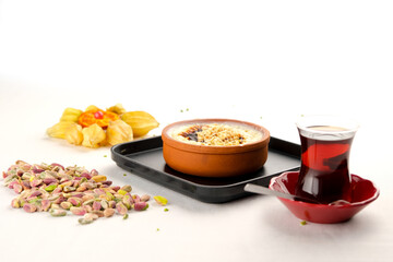 Unique taste rice pudding accompanied by tea