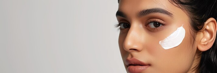 Asian woman applies white cream to her face in a beauty studio against a blurred background. Her facial features are the main focus of the photo, showcasing her skin tone and intimate gaze.
