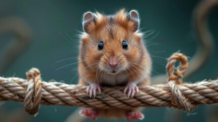 Hamster on a Rope, Weighing on a Green Background