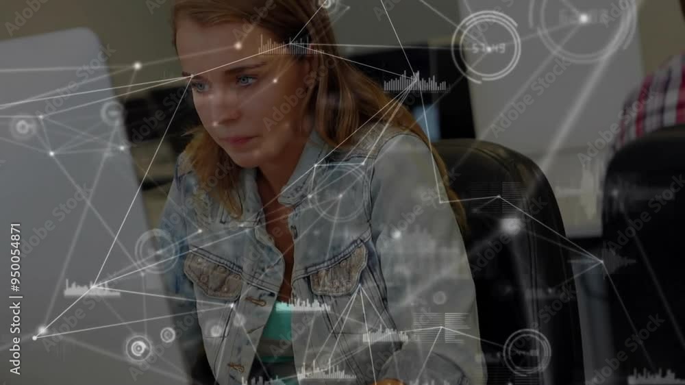 Poster network connections and data analysis animation over woman working on computer