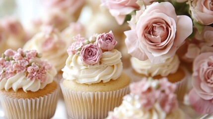 A display of cupcakes with elegant floral decorations, perfect for a bridal shower or wedding.